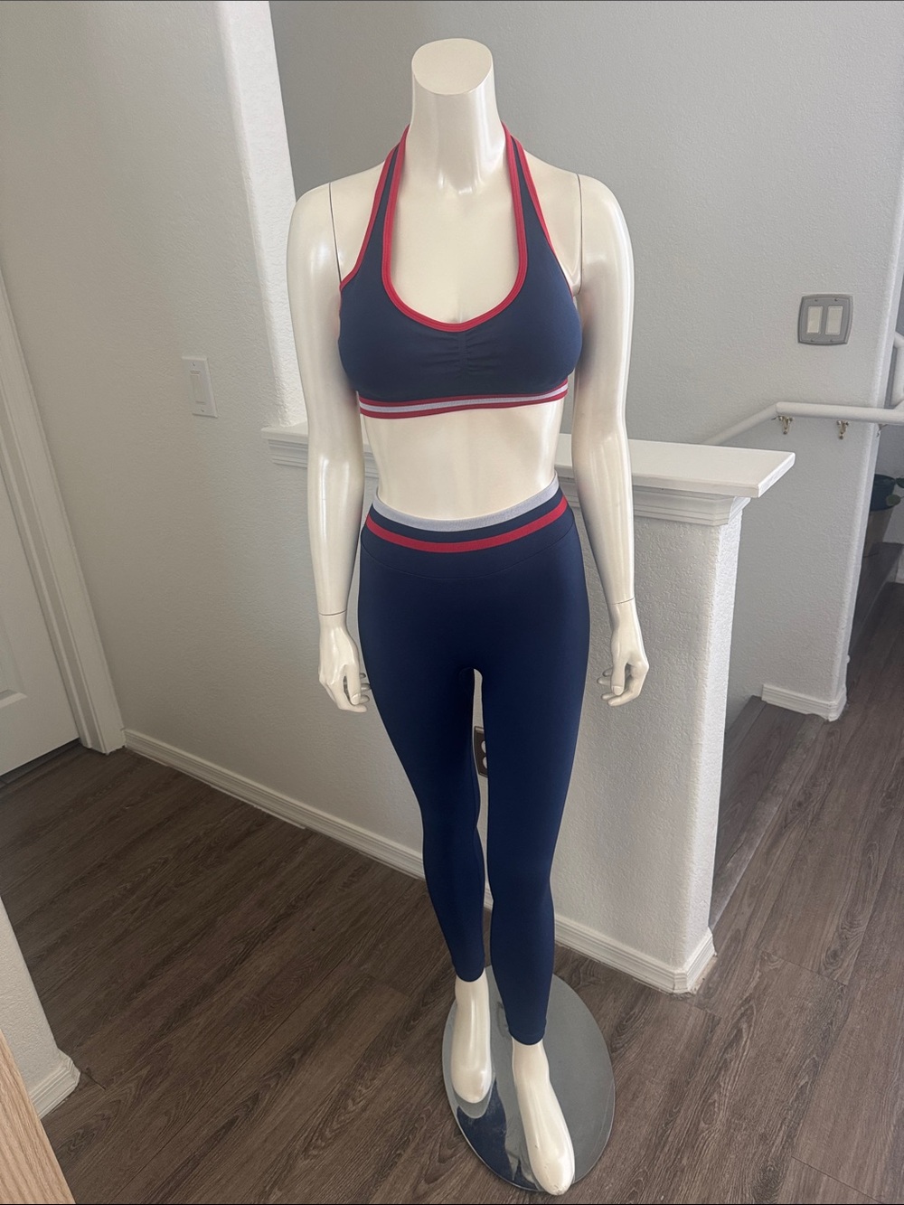 SHEIN Navy Halter Sports Bra & Leggings with Red Trim